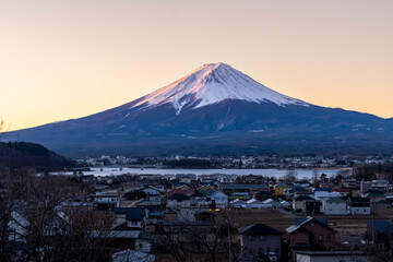 Aerial Panorama Landscape of Fuji Mountain. Iconic and Symbolic Mountain of Japan. Scenic Sunset Landscape of Fujisan at Evening Time, Kawaguchiko, Yamanashi, Japan.