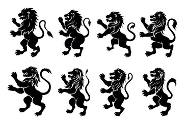 Heraldic lion royal black insignia mythology beast with mane and paws set vector flat illustration