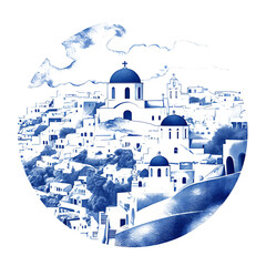 Stamp of Santorini City With Monochrome Aegean Blue Color White Washe Transparent PNG City Concept Art Tshirt Design Illustration Label Diverse City Castle Large Urban Market Project Collage 