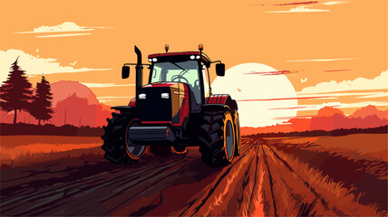 Vector graphic of a tractor plowing a field during sunrise  illustrating the tireless dedication and vital role of tractors in the farming routine. simple minimalist illustration creative - obrazy, fototapety, plakaty