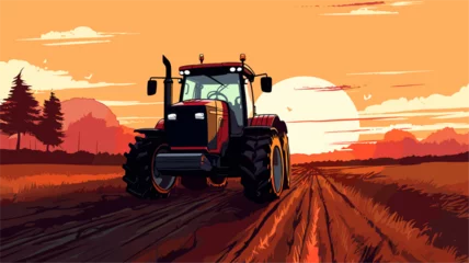 Poster Vector graphic of a tractor plowing a field during sunrise  illustrating the tireless dedication and vital role of tractors in the farming routine. simple minimalist illustration creative © J.V.G. Ransika