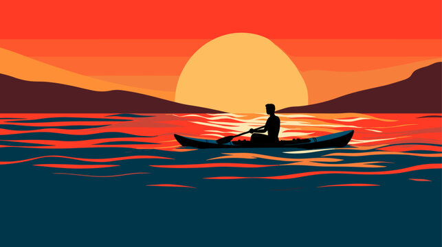 Geometric patterns forming a silhouette of a kayaker in a rapid  representing the rhythmic and harmonious interaction between paddler and river. simple minimalist illustration creative