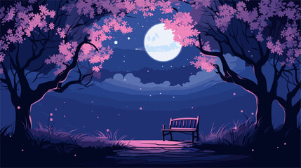 Vector illustration of a serene night scene in a floral bower  blending nature and tranquility under the moonlit sky with delicate flowers. simple minimalist illustration creative