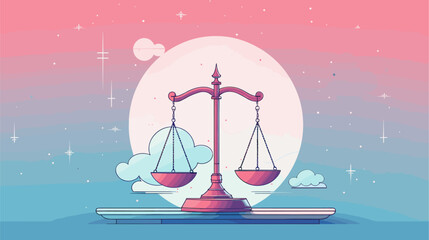 Vector illustration featuring a balanced scale of justice against a legal backdrop  symbolizing the fair and impartial nature of the legal system. simple minimalist illustration creative