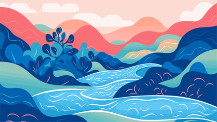 Vector graphic of a vibrant river winding through the rainforest  emphasizing the role of waterways in supporting the diverse and interdependent life forms within these ecosystems. simple minimalist