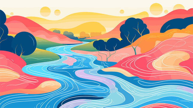 Vector graphic of a vibrant river winding through the rainforest  emphasizing the role of waterways in supporting the diverse and interdependent life forms within these ecosystems. simple minimalist