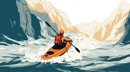 Foto op Canvas Digital graphic of a kayaker in a challenging waterfall descent  showcasing the daring spirit and thrill-seeking adventure of whitewater enthusiasts. simple minimalist illustration creative © J.V.G. Ransika