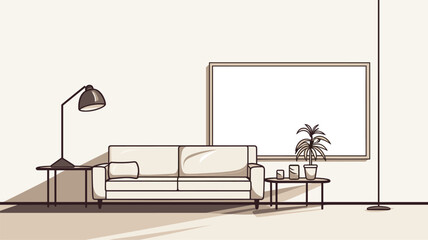 Digital graphic featuring a stylized representation of a minimalist living room with clean lines  showcasing the serene and uncluttered atmosphere associated with modern living spaces. simple