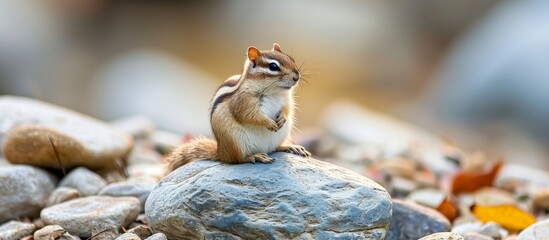The Organ Mountains Chipmunk, an Eastern chipmunk, sits on a rock. It is a terrestrial animal with a fawn-colored coat, snout, whiskers, and tail. - obrazy, fototapety, plakaty