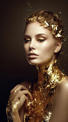 Beauty Cosmetic portrait shot of a woman with luxury golden tone for elegance poster and banner - 732202517
