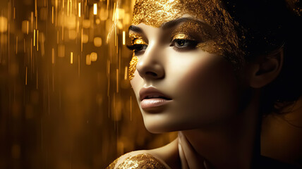 Beauty Cosmetic portrait shot of a woman with luxury golden tone for elegance poster and banner - 732202520
