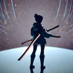 samurai girl in space with a sword