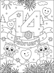 Valentine's Day coloring page for children or adults with 14 February calendar sign and cute little kittens
