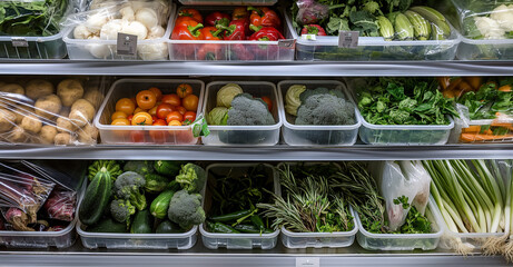 A variety of fresh vegetables, herbs and fruits are arranged in the supermarket's openshowcasee freezer.