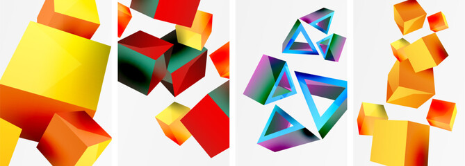 Flying 3d shapes, cubes and other geometric elements background design for wallpaper, business card, cover, poster, banner, brochure, header, website