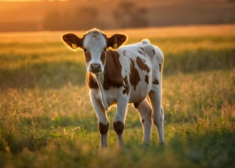 Beautiful young calf in the field at sunset