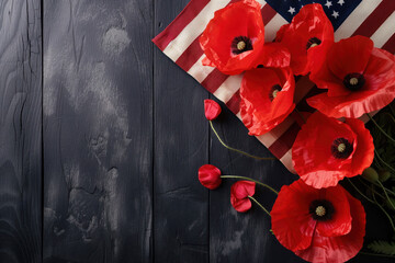 Poppy flower represents remembrance and honor on American flag in celebration of Memorial Day and Veterans Day AI Generative