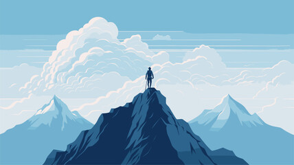 Vector art depicting a mountain climber reaching the summit  embodying the metaphorical journey of overcoming challenges to attain personal or professional goals. simple minimalist illustration - obrazy, fototapety, plakaty