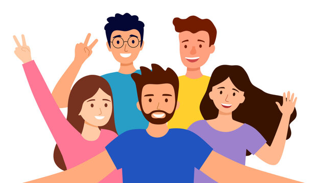 Friend group taking selfie photo together in flat design on white background.