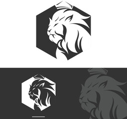 Head lion silhouette with hexagon frame template vector illustration 
