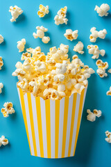 Delicious popcorn in yellow striped carton bucket box, flat lay with copy space