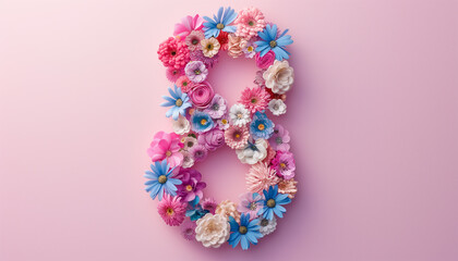Number eight crafted from colorful paper flowers for womens day celebration