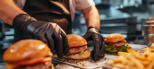 Chef creating meat cutlet burgers for takeaway orders in fast food restaurant