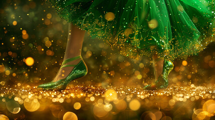 Happy St Patricks day! Irish dancer celebrating St Paddy's day, closeup, green dress and shoes,...
