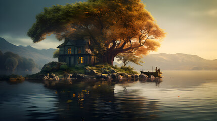 sunset over the sea,,
A house on a tree with a house on the top of it

