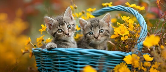 Two small to medium-sized cats from the Felidae family are peacefully sitting in a blue basket amidst a meadow of yellow flowers.