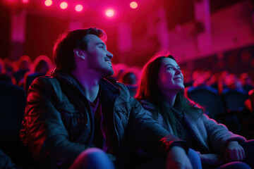 Cinema Date Night - Young Couple Enjoying a Movie in a Theater with Vivid Blue Lighting