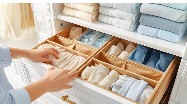 Vertical tidying up storage. Neatly folded bed sheets in the metal baskets for wardrobe in Nordic style