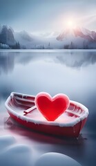 heart on the lake.heart in the snow.The heart stands on the snow in the mountains. Declaration of love on Valentines Day. Free space for text, banner. Red heart covered with snow.