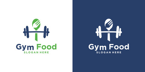 food logo template for sportsmen, combination of food icon with barbell for sports food nutrition