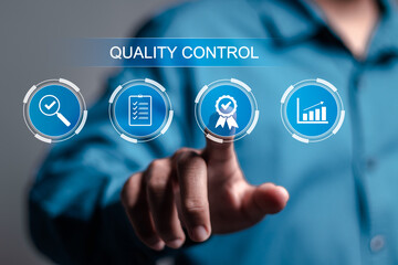 Quality control standardisation and certification concept. Businessman touch virtual quality control icon for quality management in business process and organization to improve customer satisfaction.