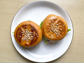 Toast with vegetable filling on white plate. flat lay, top view. Sandwich with vegetables. toast concept