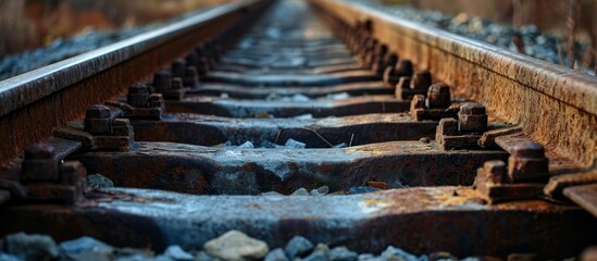 A detailed view of a parallel train track with rocks on the ground, showcasing the symmetrical alignment of wood and steel in this engineering marvel.