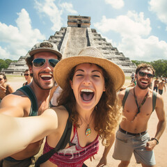 Hot summer day. Tourists taking selfie on while visiting Chichen Itza, Mexico