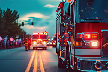 Emergency Response with Fire Trucks and Flashing Lights on a City Street at Dusk - Powered by Adobe