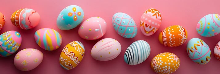 Brightly colored Easter eggs with decorations on a pink background, copyspace Easter theme banner - Generative ai - obrazy, fototapety, plakaty