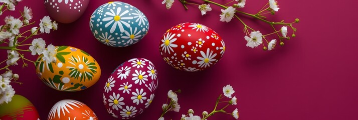 Brightly colored Easter eggs with decorations on a pink background, copyspace Easter theme banner with flowers - Generative ai