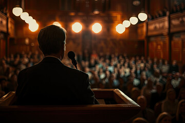 Speaker Delivering a Speech at a Podium to an Attentive Audience in a Grand Auditorium - obrazy, fototapety, plakaty