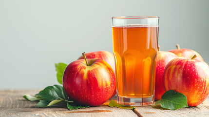 glass of fresh apple juice with apple fruits on wooden table isolated on withe background.
