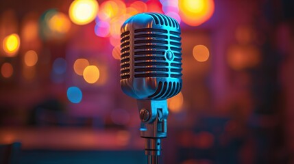 Retro microphone against blur colorful light restaurant background