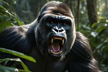 Angry aggressive gorilla in jungle