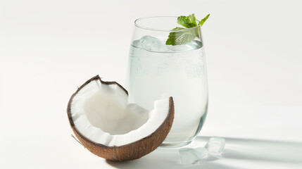 Glass of fresh coconut juice with cut in half isolated on white background