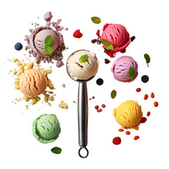 Colorful Fruit Ice Cream and Sweet Patterns for nature-inspired wallpaper and holiday decorations. Used as an advertising image in a cafe. isolated on white . png
