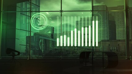 Hologram of dollar growth chart in a modern office space.