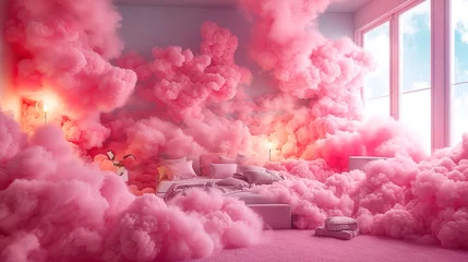Crédence de cuisine en verre imprimé Rose  25. Pink magenta fantastic 3d clouds in the room interior, sky and landscape. Gentle colors and with bright lights