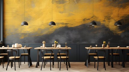 Modern Cafe Interior with Yellow and Gray Walls Wallpaper Background